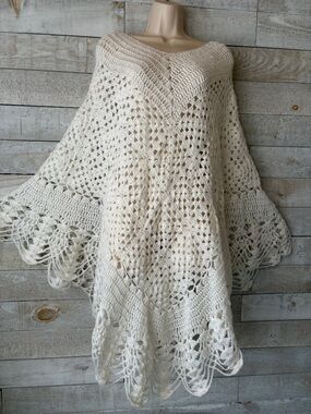 Hand Crocheted The House of Jade Acrylic Poncho - Ivory